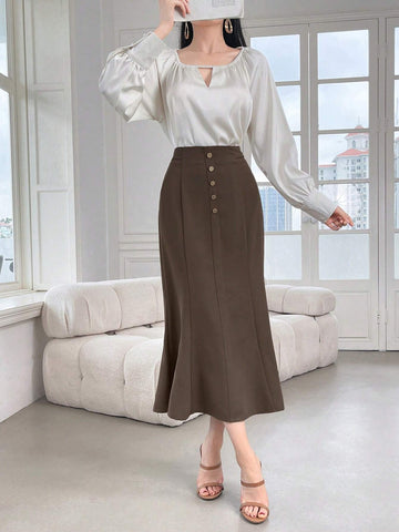 Modely Women's Plain Button Decor Casual Daily Wear Skirt
