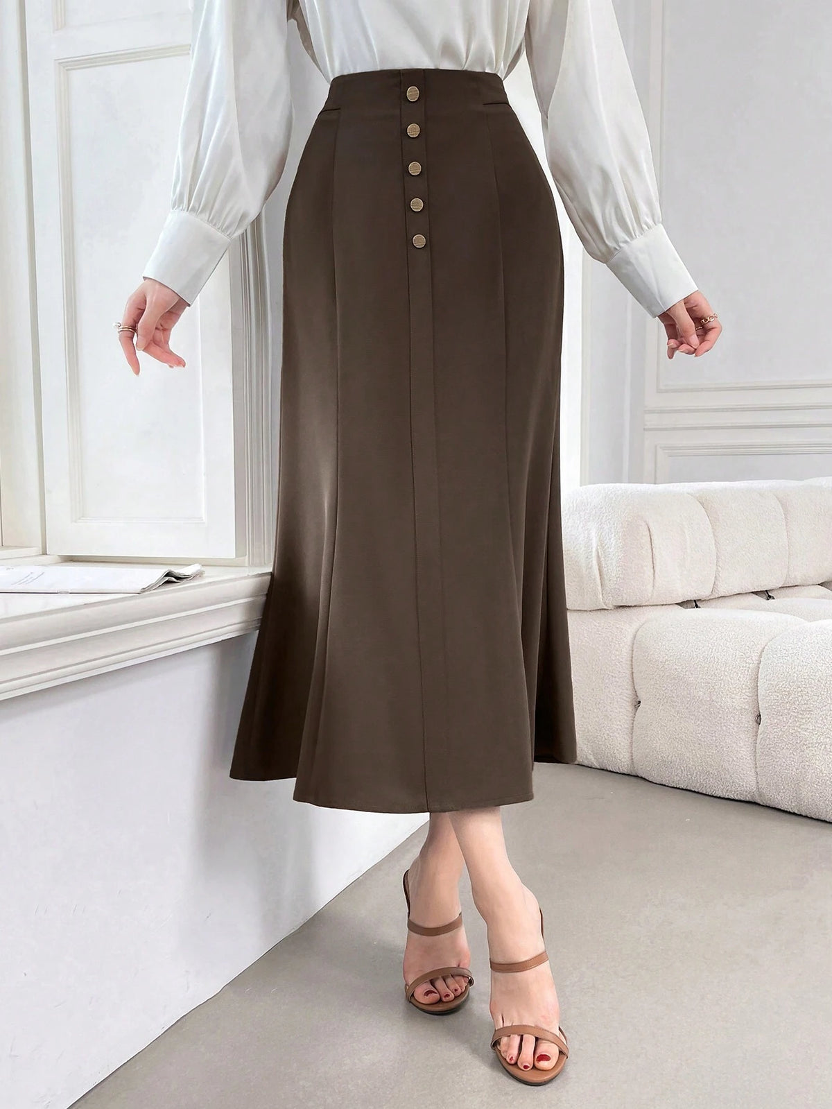 Modely Women's Plain Button Decor Casual Daily Wear Skirt