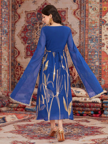 Women's Plant Embroidery Patchwork Weave Ribbon Cape Sleeve Dress
