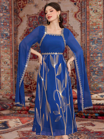 Women's Plant Embroidery Patchwork Weave Ribbon Cape Sleeve Dress