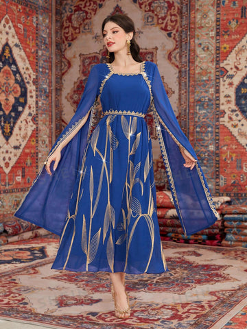 Women's Plant Embroidery Patchwork Weave Ribbon Cape Sleeve Dress