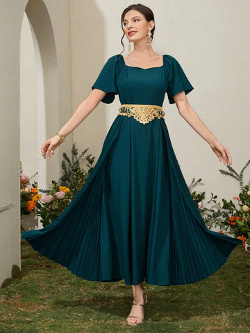 Women's Pleated Splice & Large Hem Fit-And-Flare Dress