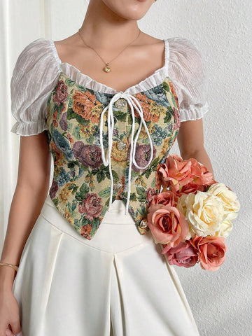 Modely Women's Printed Puff Sleeve Simple Daily Shirt