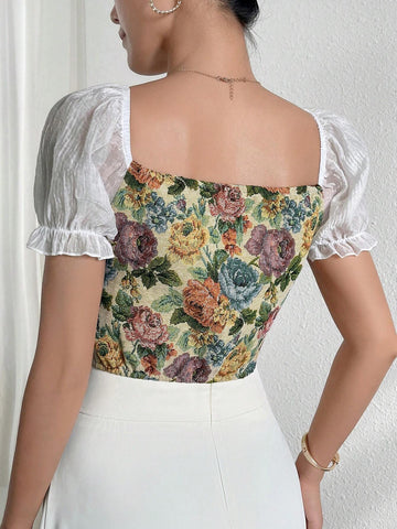 Modely Women's Printed Puff Sleeve Simple Daily Shirt