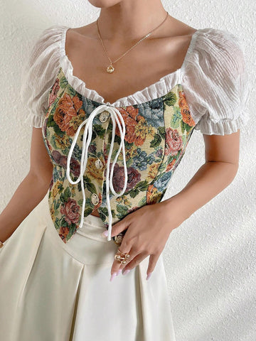 Modely Women's Printed Puff Sleeve Simple Daily Shirt