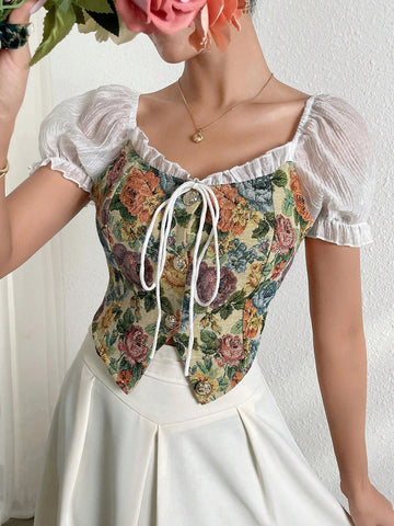 Modely Women's Printed Puff Sleeve Simple Daily Shirt