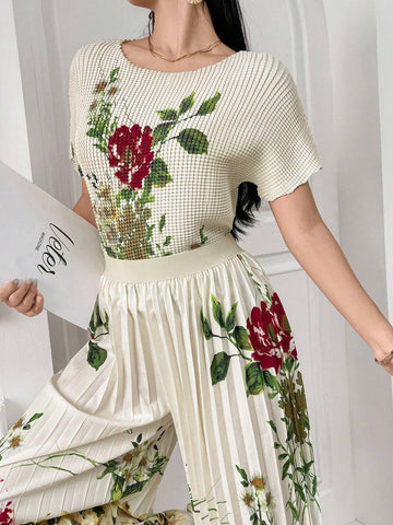 Women's Printed Short Sleeve And Long Pants Simple Daily 2-Piece Set