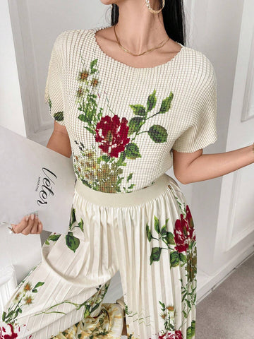 Women's Printed Short Sleeve And Long Pants Simple Daily 2-Piece Set