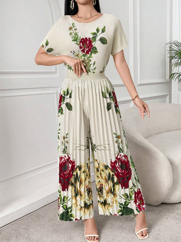 Women's Printed Short Sleeve And Long Pants Simple Daily 2-Piece Set