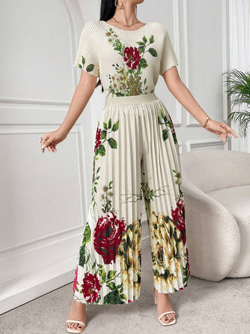 Women's Printed Short Sleeve And Long Pants Simple Daily 2-Piece Set