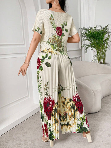 Women's Printed Short Sleeve And Long Pants Simple Daily 2-Piece Set