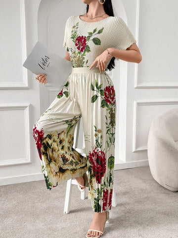 Women's Printed Short Sleeve And Long Pants Simple Daily 2-Piece Set