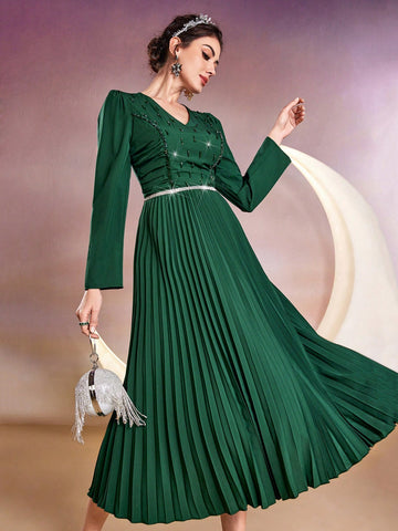 Women's Puff Sleeve Pleated Hem Dress