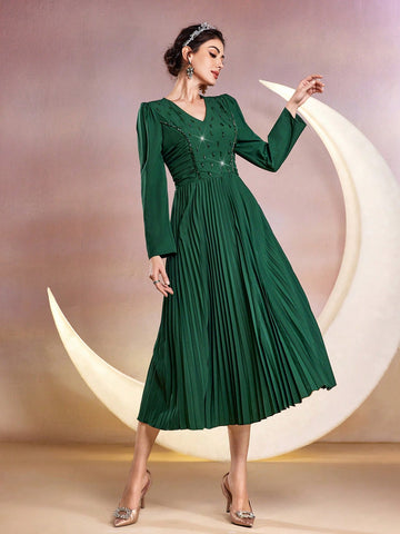 Women's Puff Sleeve Pleated Hem Dress