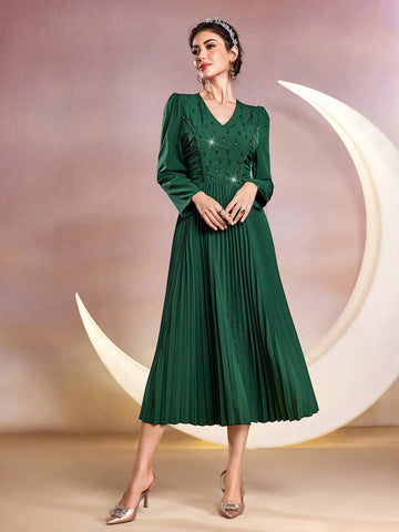 Women's Puff Sleeve Pleated Hem Dress