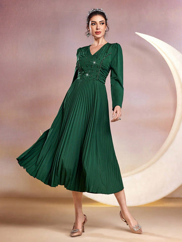 Women's Puff Sleeve Pleated Hem Dress