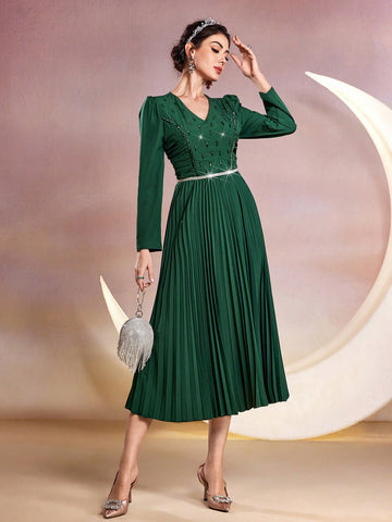 Women's Puff Sleeve Pleated Hem Dress