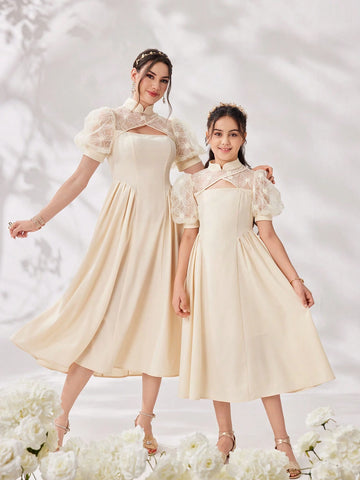 Women's Puff Sleeve Pleated Waist Mesh Patchwork Dress