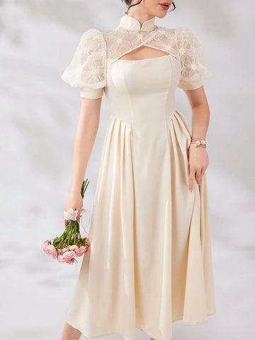Women's Puff Sleeve Pleated Waist Mesh Patchwork Dress