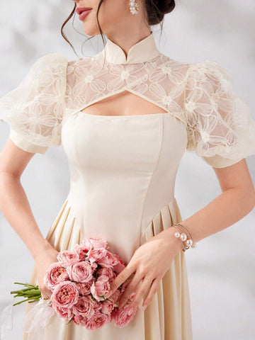 Women's Puff Sleeve Pleated Waist Mesh Patchwork Dress
