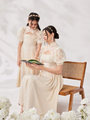 Women's Puff Sleeve Pleated Waist Mesh Patchwork Dress