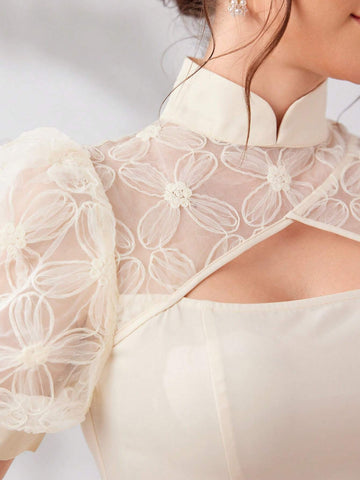 Women's Puff Sleeve Pleated Waist Mesh Patchwork Dress