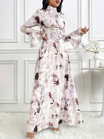 Women's Random Print Stand Collar Criss-Cross Tie Long Sleeve Dress