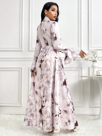 Women's Random Print Stand Collar Criss-Cross Tie Long Sleeve Dress