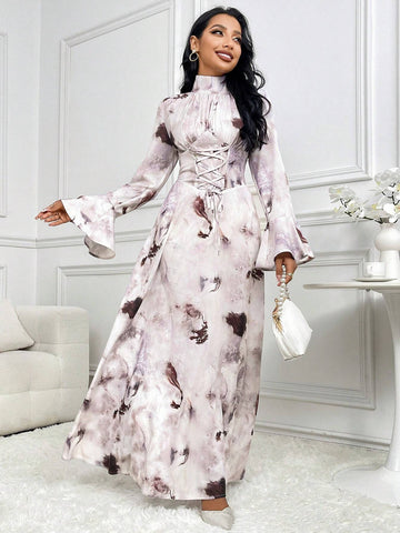 Women's Random Print Stand Collar Criss-Cross Tie Long Sleeve Dress