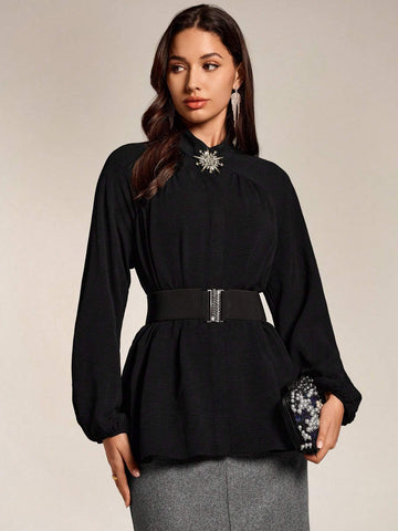 Modely Women's Rhinestone Decor Long Sleeve Minimalist Blouse