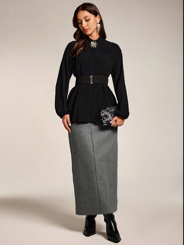 Modely Women's Rhinestone Decor Long Sleeve Minimalist Blouse