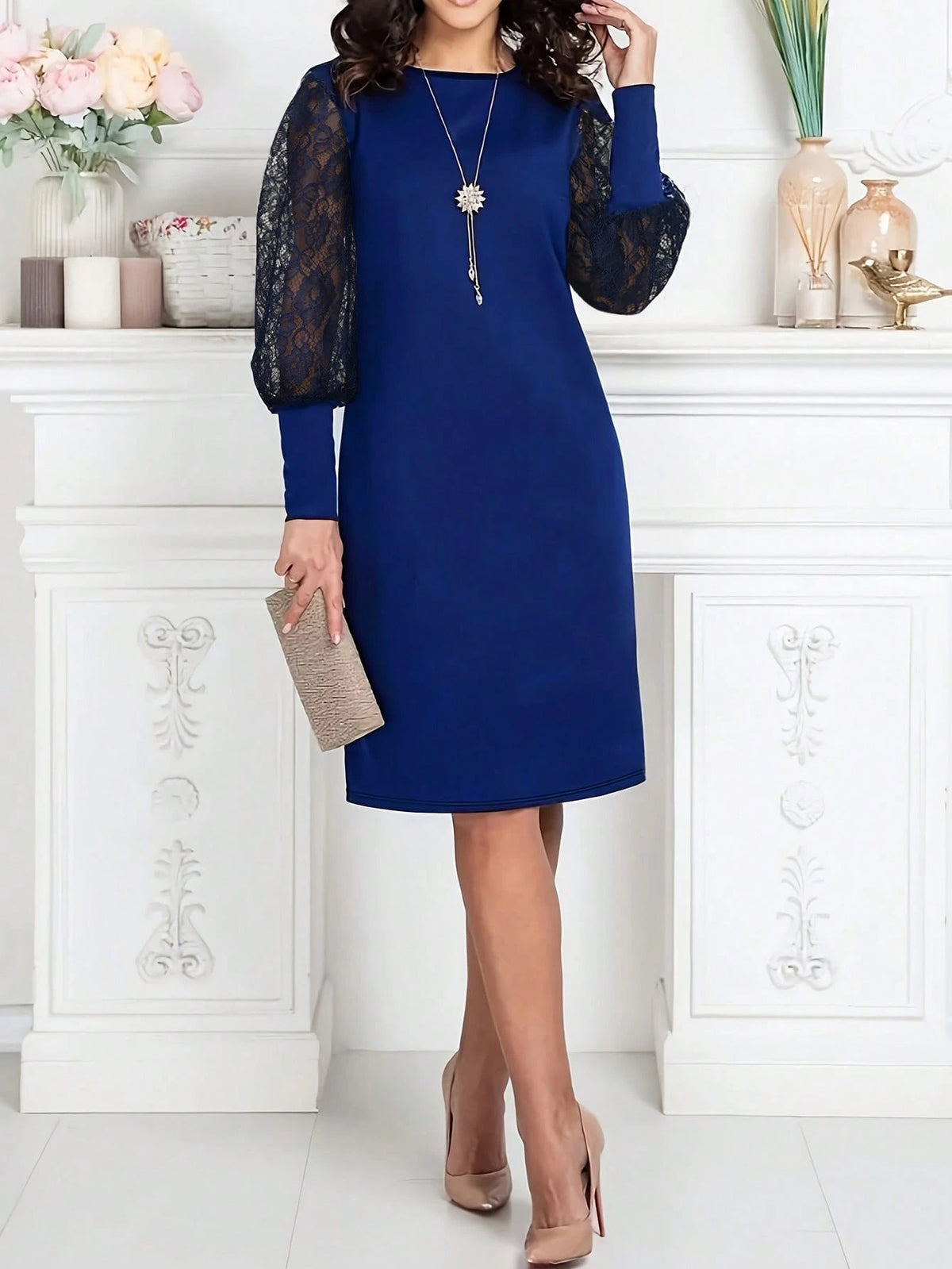 Women's Round Neck Contrast Lace Gigot Sleeve Elegant Short A-Line Dress