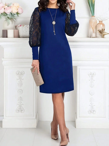 Women's Round Neck Contrast Lace Gigot Sleeve Elegant Short A-Line Dress