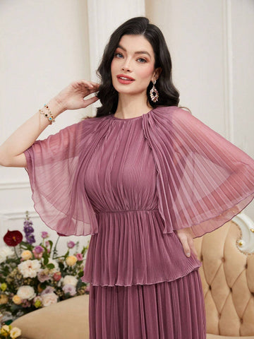 Women's Round Neck Multi-Layered Mesh Ruffle Hem Dress