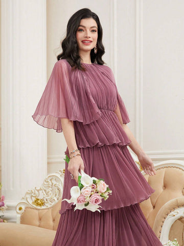 Women's Round Neck Multi-Layered Mesh Ruffle Hem Dress