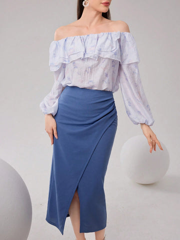 Women's Ruffle Casual Long Sleeve Top And Solid Color Skirt Two-Piece Set