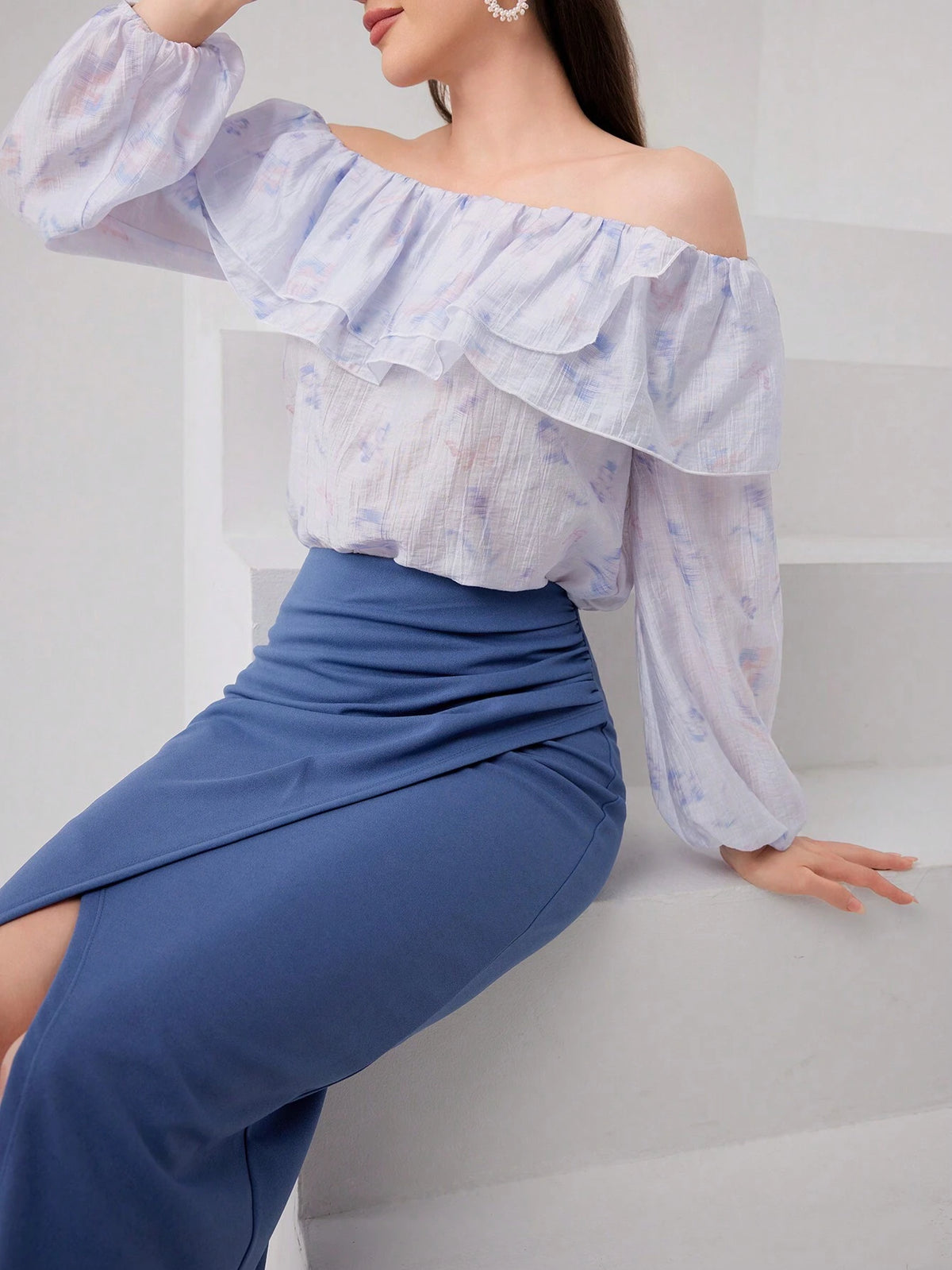 Women's Ruffle Casual Long Sleeve Top And Solid Color Skirt Two-Piece Set