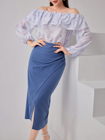 Women's Ruffle Casual Long Sleeve Top And Solid Color Skirt Two-Piece Set