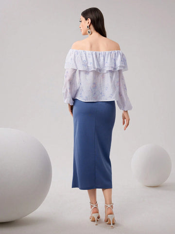 Women's Ruffle Casual Long Sleeve Top And Solid Color Skirt Two-Piece Set