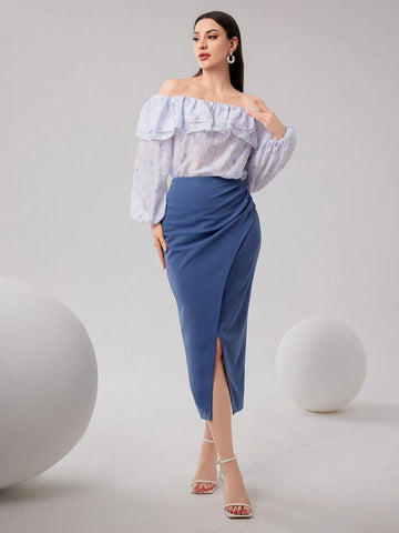 Women's Ruffle Casual Long Sleeve Top And Solid Color Skirt Two-Piece Set