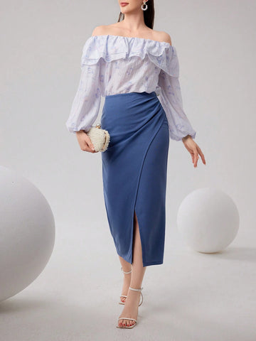 Women's Ruffle Casual Long Sleeve Top And Solid Color Skirt Two-Piece Set