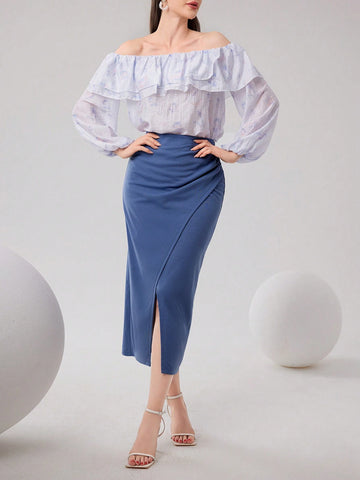 Women's Ruffle Casual Long Sleeve Top And Solid Color Skirt Two-Piece Set