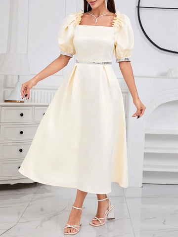 Women's Sequin Patchwork Belted Square Neck Bubble Sleeve Dress