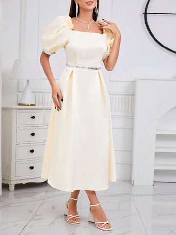 Women's Sequin Patchwork Belted Square Neck Bubble Sleeve Dress