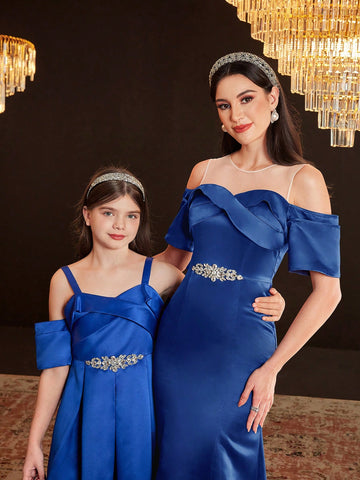 Women's Sheer Mesh Splice Off Shoulder Fish Tail Dress Decorated With Rhinestones