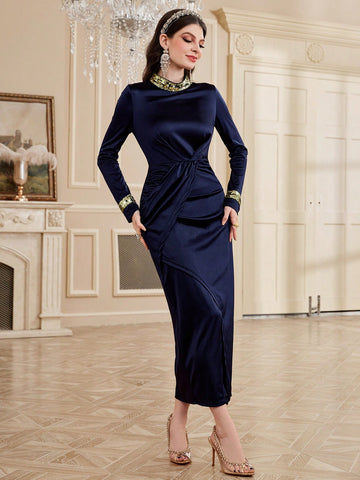 Women's Shiny Patchwork Stand Neck Wrap Front Side Slit Dress