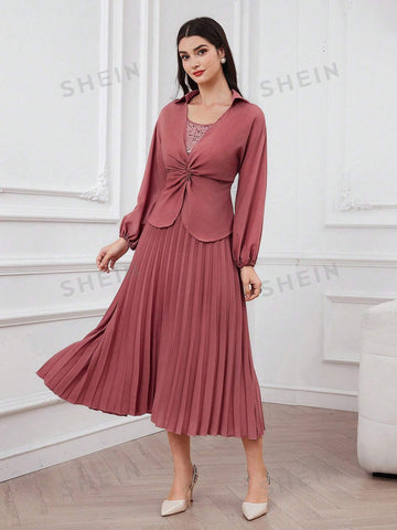 Women's Shiny Sequin Splice Twisted Knot & Pleated Hem Dress