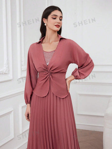 Women's Shiny Sequin Splice Twisted Knot & Pleated Hem Dress