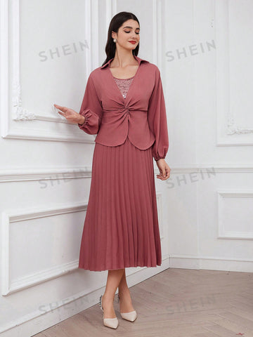 Women's Shiny Sequin Splice Twisted Knot & Pleated Hem Dress