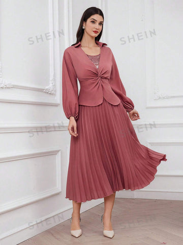 Women's Shiny Sequin Splice Twisted Knot & Pleated Hem Dress